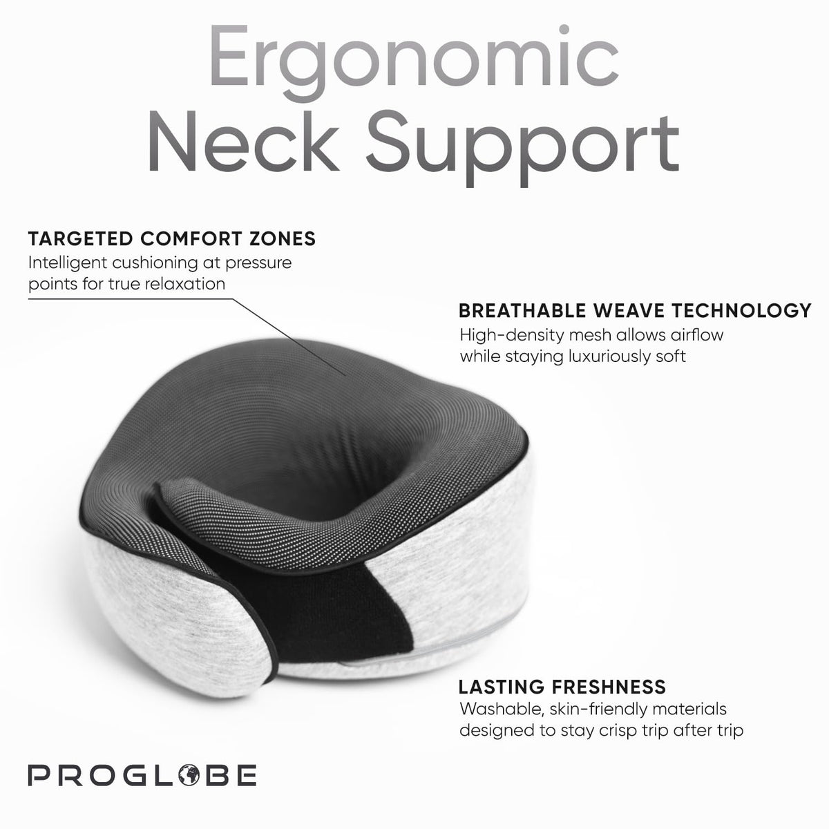 Proglobe Travel Neck Pillow for Airplanes, Long Haul Flight Kit, Grey