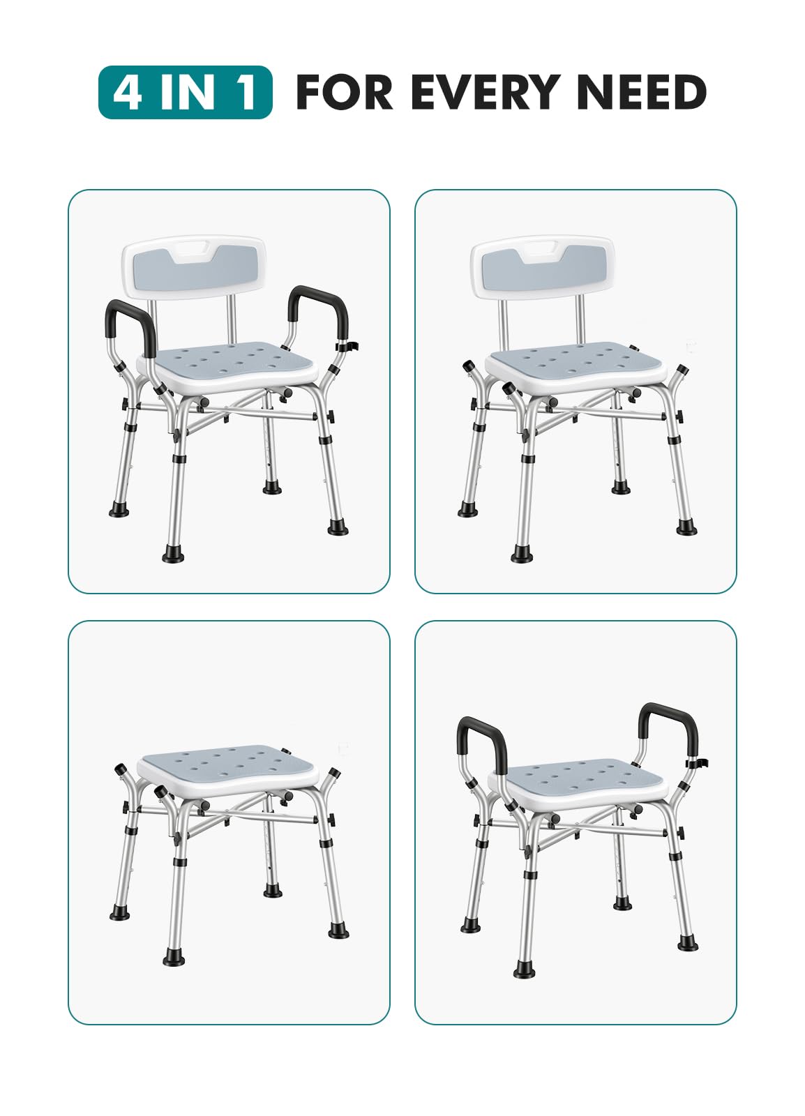 VFAUOSIT Shower Chair for Elderly and Disabled, 550 lbs Shower Chair for Inside Shower with Arms and Back, FSA/HSA 6-Height Shower Seats for Adults with Shower Bag, Bath Chairs for Seniors Inside Tub