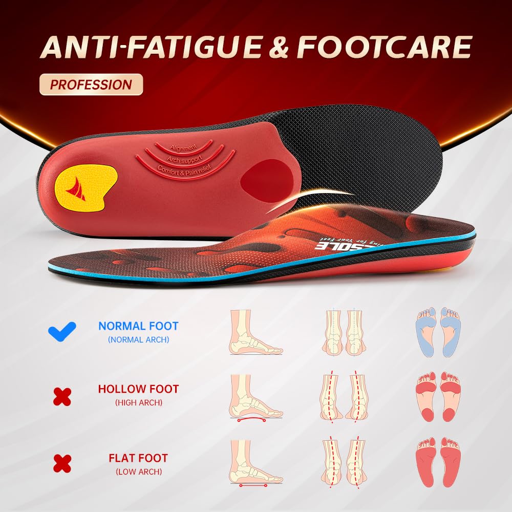 VALSOLE Heavy Duty Support Pain Relief Orthotics - 220+ lbs Plantar Fasciitis High Arch Support Insoles for Men Women,Flat Feet Orthotic Insert,Work Boot Shoe Insole,Absorb Shock with Every Step(Red)