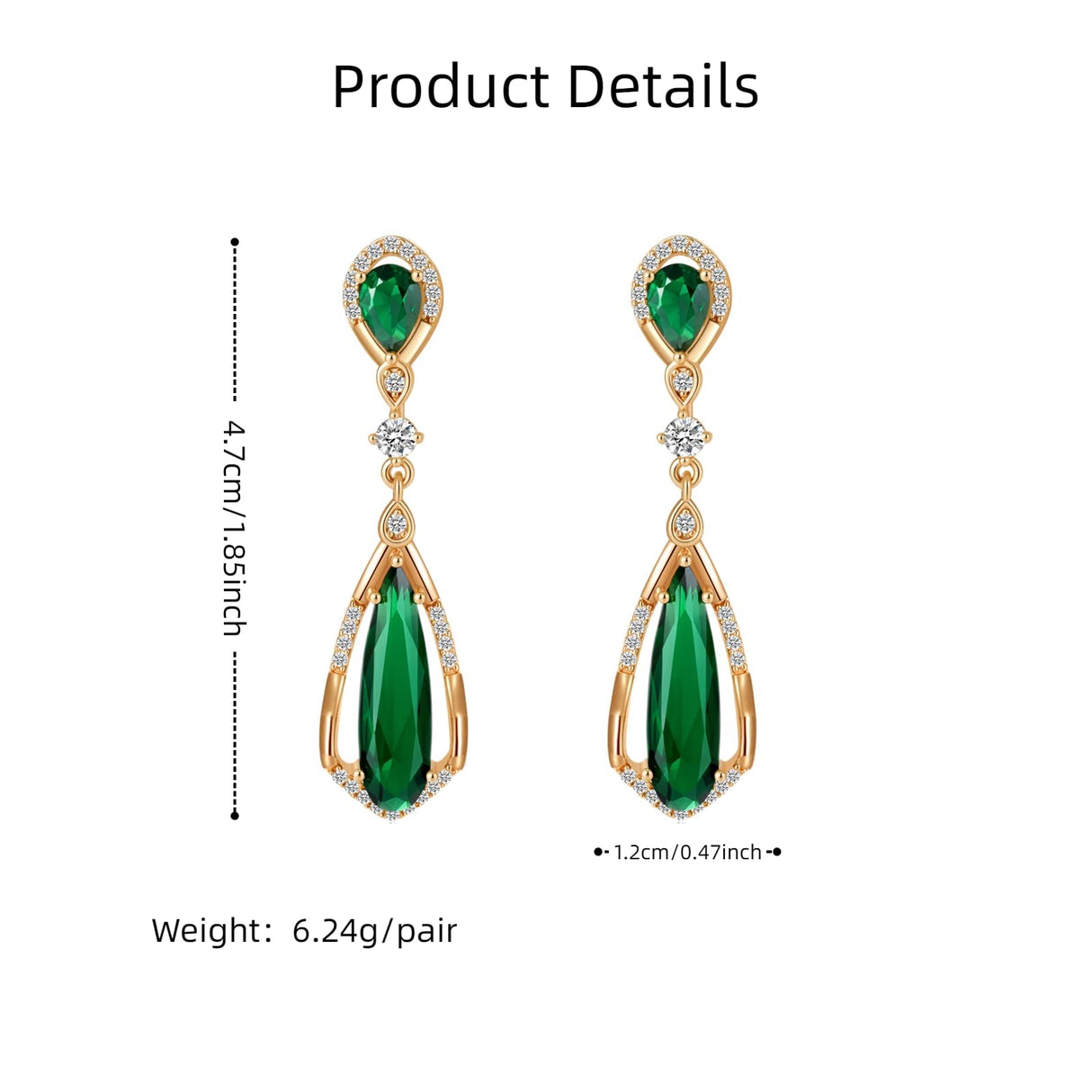 Hpoewre Vintage Emerald Green Teardrop Earrings,925 Sterling Silver Posts & 18K Gold-Plated Brass Drops,Cubic Zirconia Dangle Earrings for Women (Vintage)