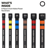 Klein Tools 32940 SAE Magnetic Hollow Impact Nut Drivers Set, 6-Piece Color Coded Hollow Power Nut Driver with Extended Reach, 6 SAE Sizes