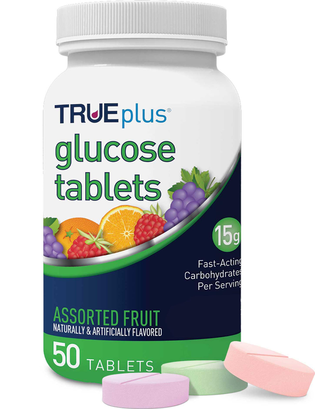 TRUEplus® Glucose Tablets, Assorted Flavor (Grape, Raspberry, Orange) - 50ct Bottle - 6 Pack