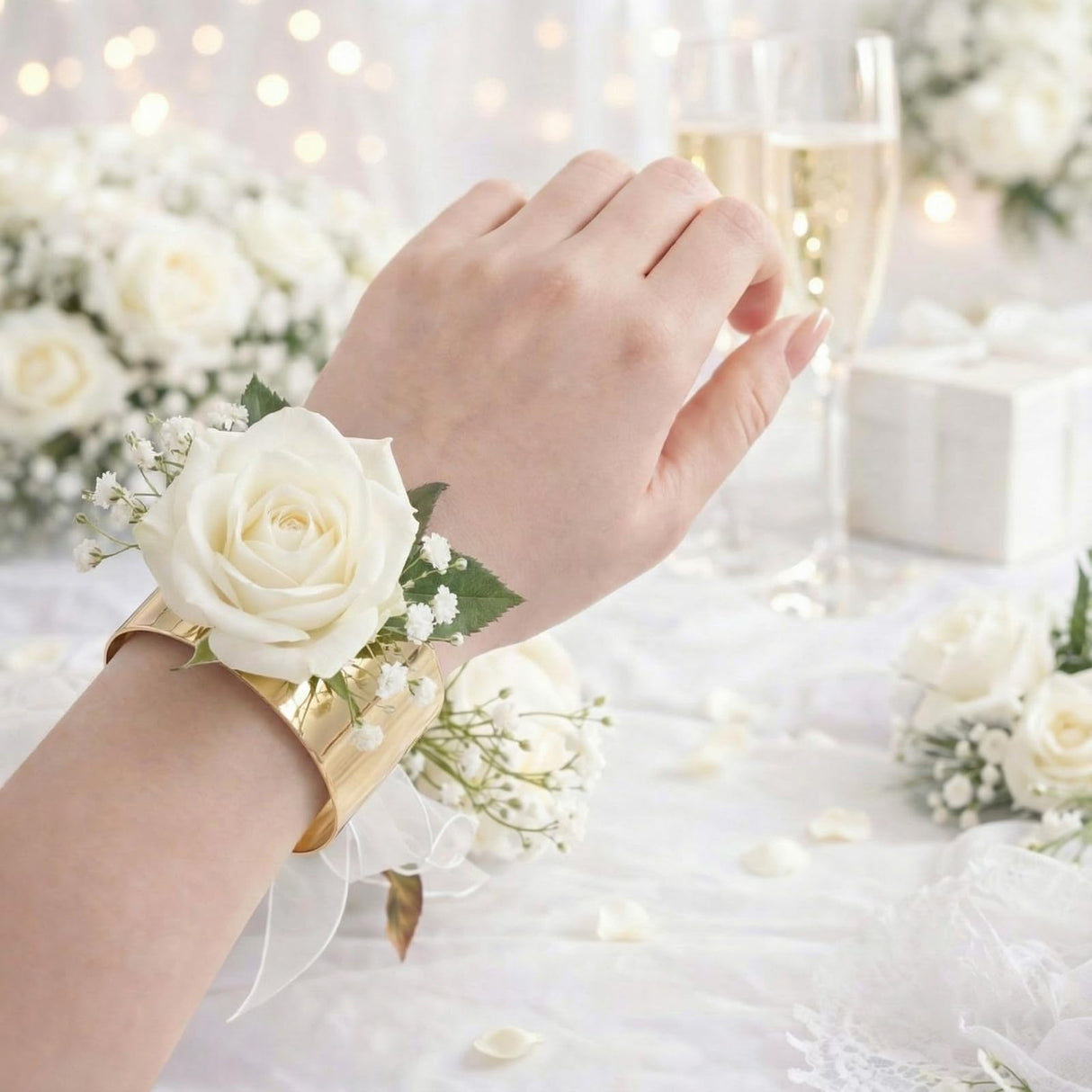 Liliaafar Gold 10 Pcs Corsage Wristlet Bracelet Bands for Women Cuff Bangle Bracelet Wrist Corsage DIY Wedding Wristband Wide Open Adjustable Accessory for Wedding Bridal Party Prom (Cuff)