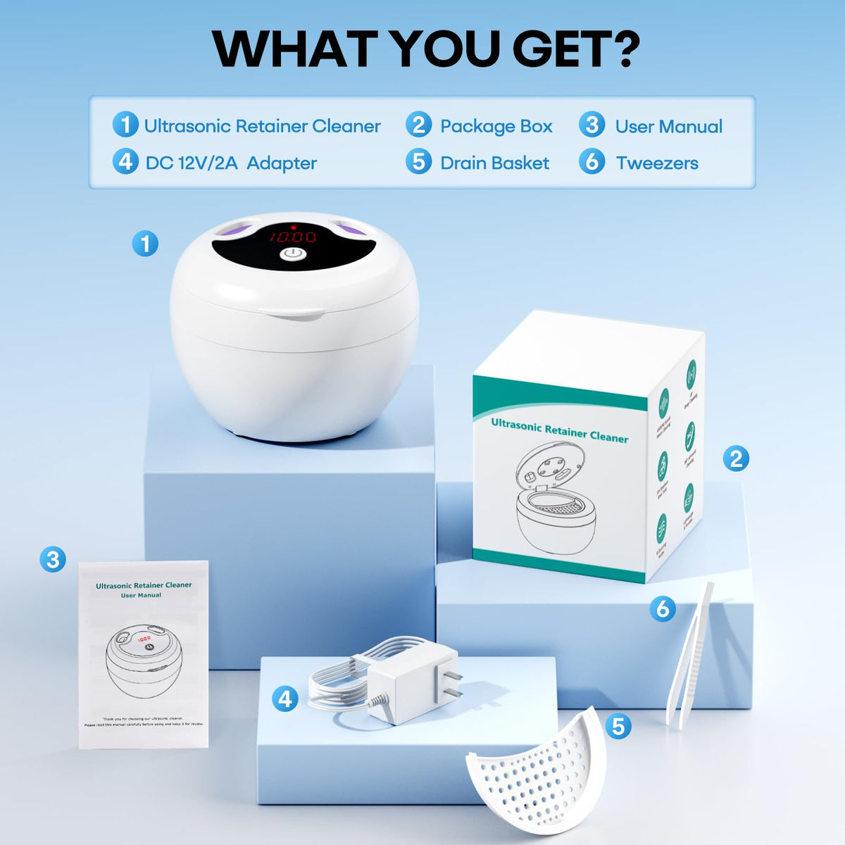 Upgraded Ultrasonic Retainer Cleaner, 45kHz Ultrasonic Dentures Cleaner for Night Guards, Braces, Aligner, Toothbrush, Jewelry and More, 4 Modes Cleaning Pod 200ML