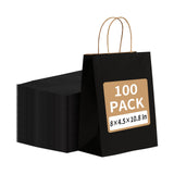 100 Pack Black Kraft Paper Bags 8x4.5x10.8 Inches Gift Bags with Handles Bulk, Paper Shopping Bags for Party, Wedding, Retail, Christmas, Birthday, Business, Restaurant, Takeout