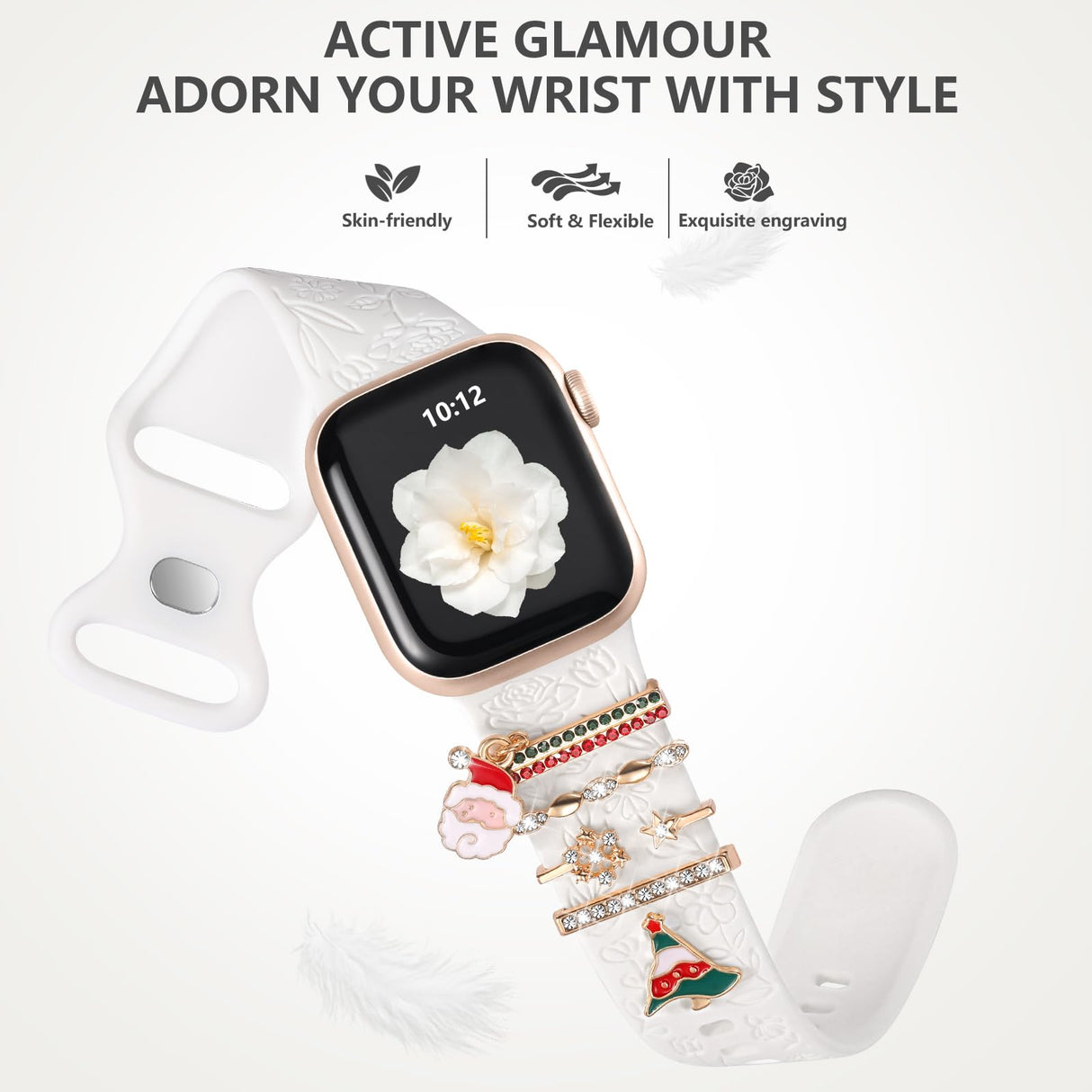 DaQin Christmas Engraved Band Compatible with Apple Watch Bands for Women 40mm 38mm 41mm 42mm,Soft Silicone Strap With Dressy Decorative Apple Watch Charms for iWatch Series 11 10 9 8 7 6 5 4 3 2 1 SE