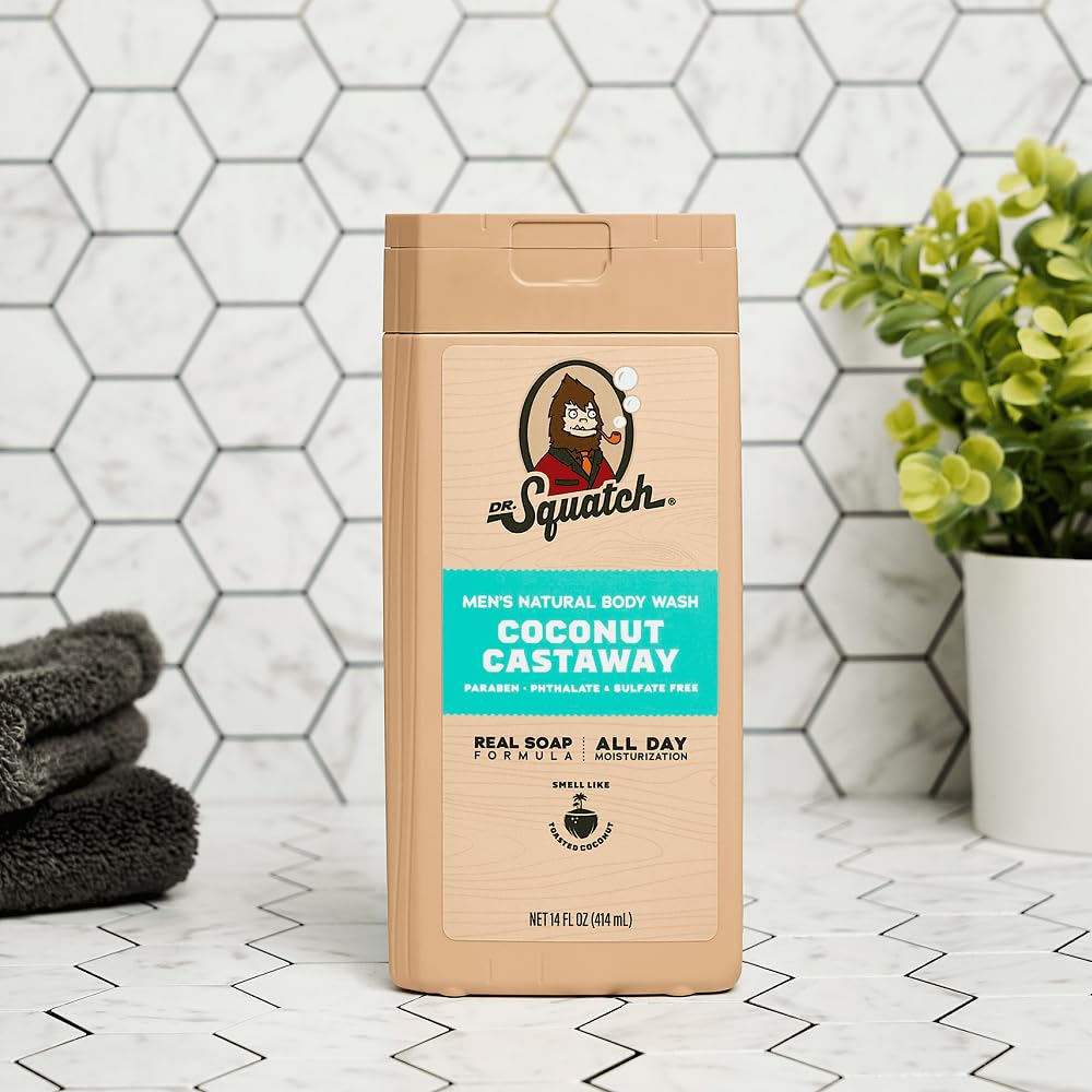 Dr. Squatch NEW Body Wash for Men with Nourishing, Natural Ingredients | No Paraben, Phthalate, Sulfate | Coconut Castaway (14 oz), Wood Barrel Bourbon & Pine Tar (8 oz, 2-Pack) & Body Scrubber