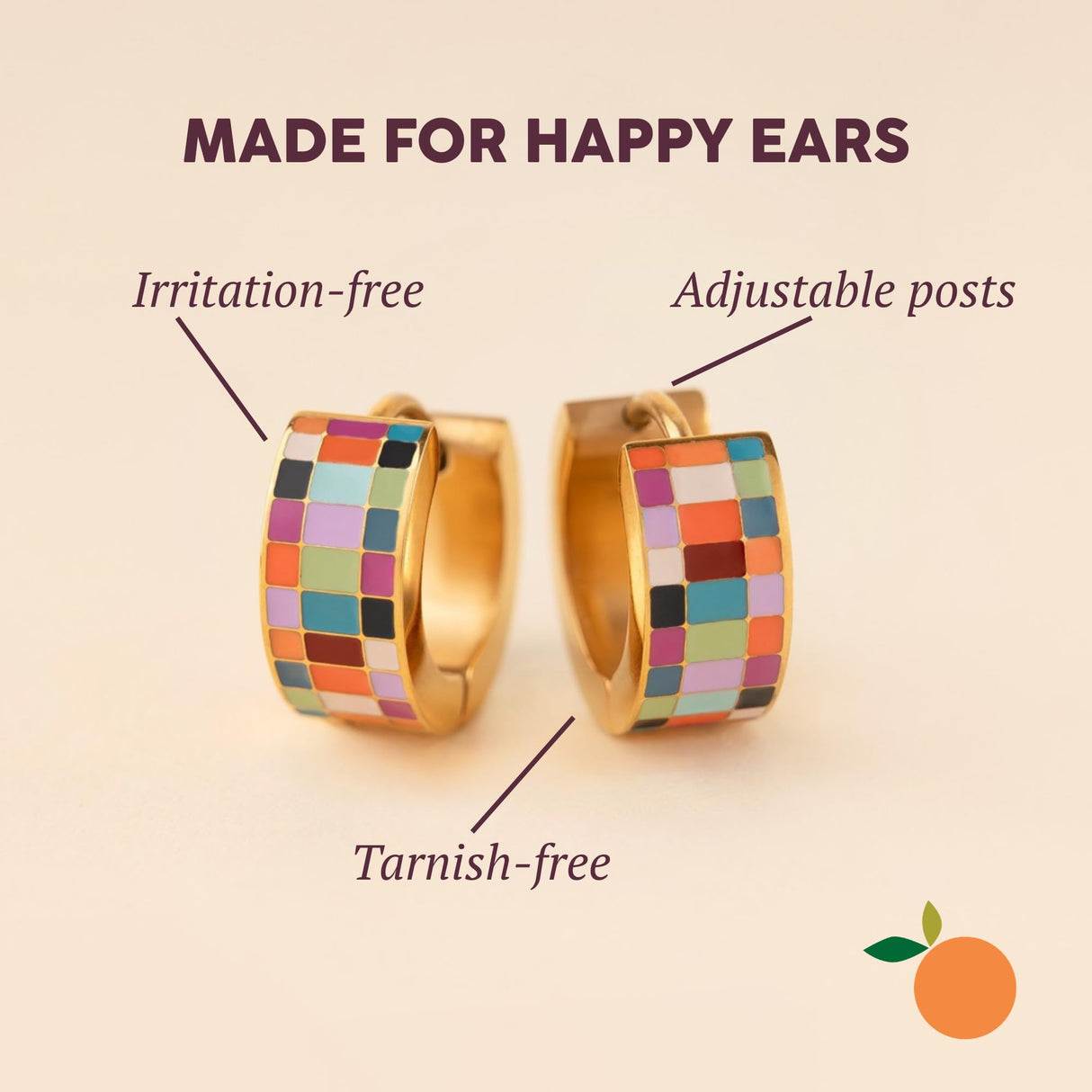 Oh Clementine Super Chunky Checkered Rainbow Huggie Hoop Adjustable Clasp Earrings for Women- 316L Stainless Steel with 18k PVD Gold Coating