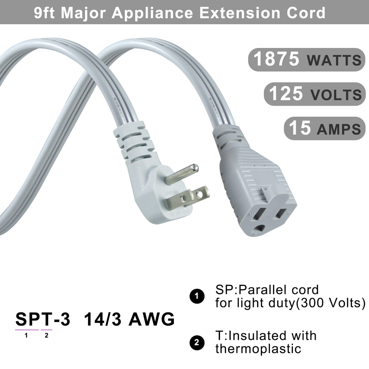 KUNCAN Appliance Power Extension Cord - 3 Prong Flat Wire SPT-3 14 AWG Heavy Duty Male to Female Extender Low Profile Grounded Cable for Major AC Unit, Air Conditioner, Refrigerator (9 Feet)