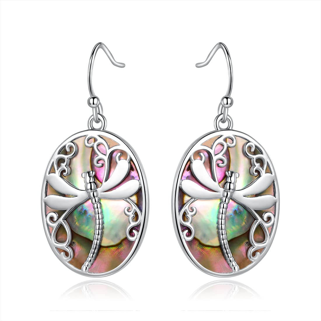 Barzel 18K White Gold Plated Created Abalone Dragonfly Dangling Earrings for Women - Made in Brazil