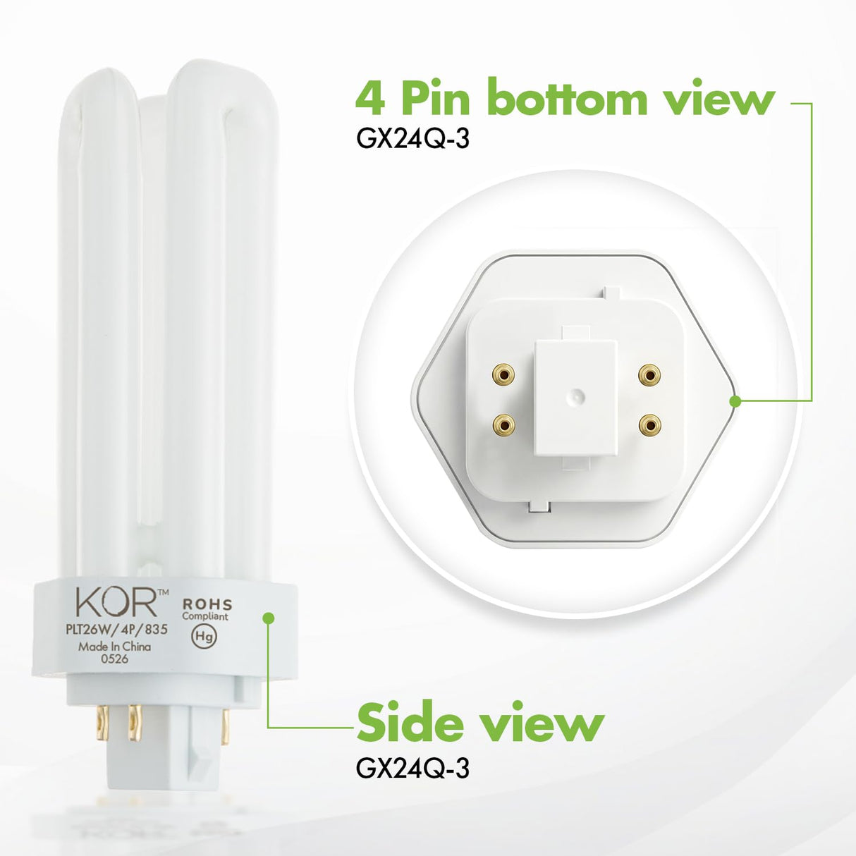 KOR (Pack of 4 26 Watt Triple Tube - GX24Q-3 (4 Pin) Base -3500K White - CFL Light Bulb - Philips 268243 PL-T 26W/35/4P/ALTO - GE 97616 F26TBX/835/A/ECO