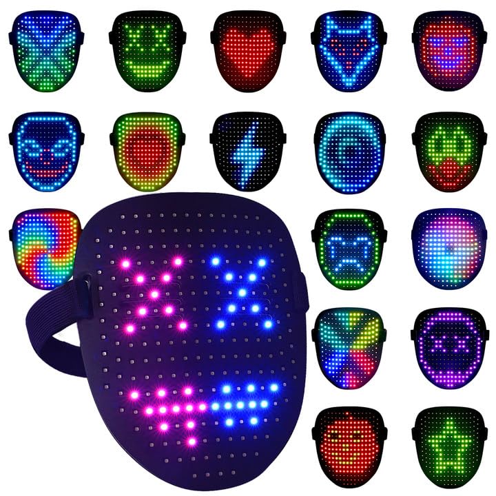 arscniek LED Face Mask with Gesture Control – Rechargeable Light Up Halloween Masks Costume for Adults & Kids, Glowing Transformable Cosplay Mask for Parties, Christmas, Concerts
