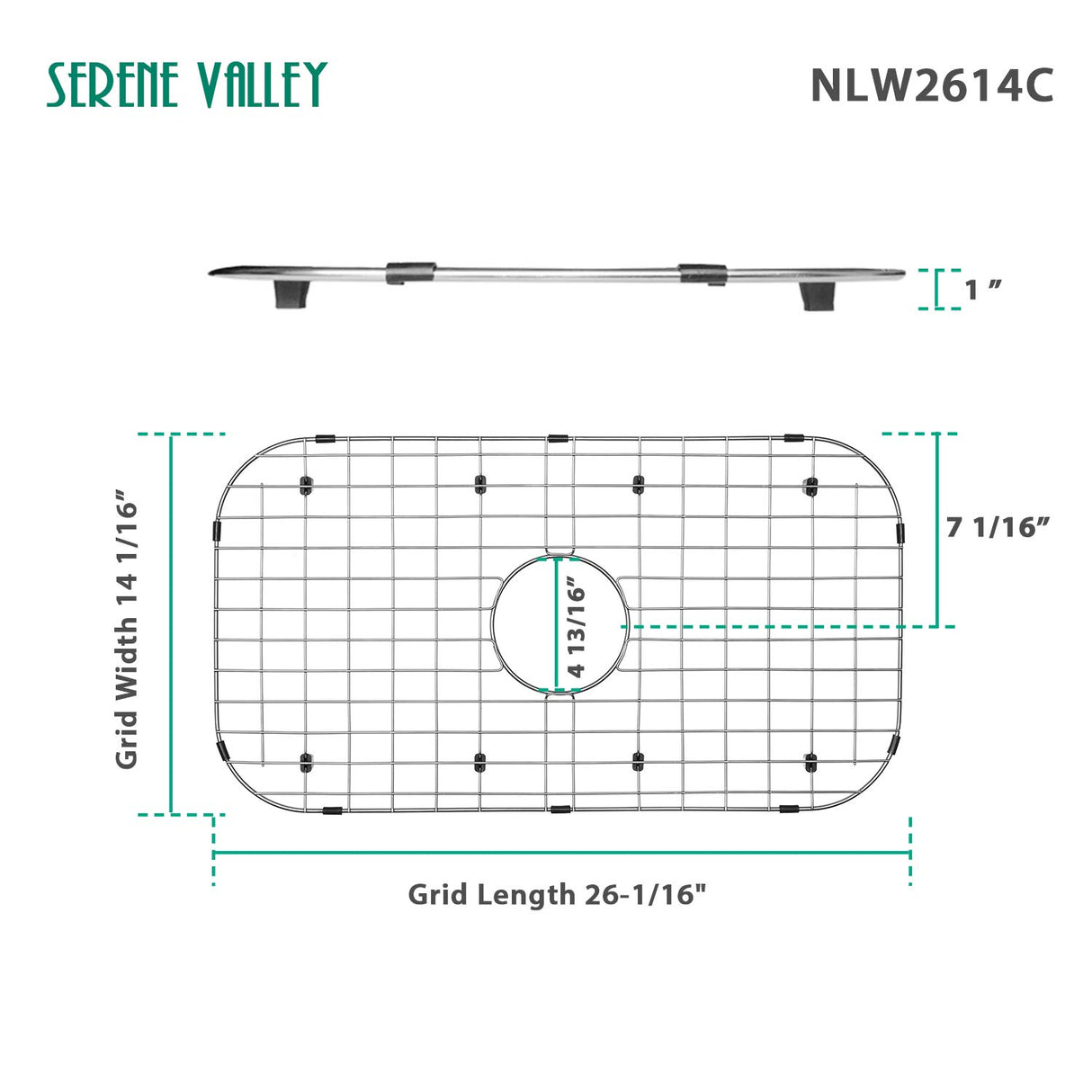 Serene Valley Sink Protector Grid 26-1/16" x 14-1/16", Centered Drain with Corner Radius 3-1/2", 304 Stainless Steel Material NLW2614C