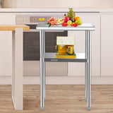 VEVOR Stainless Steel Prep Table, 24 x 18 x 36 Inch, 600lbs Load Capacity Heavy Duty Metal Worktable with Adjustable Undershelf & Feet, Commercial Workstation for Kitchen Restaurant Garage Backyard