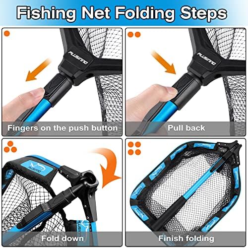 PLUSINNO Floating Fishing Net for Steelhead, Salmon, Fly, Kayak, Catfish, Bass, Trout Fishing, Rubber Coated Landing Net for Easy Catch & Release, Compact & Foldable for Easy Transportation & Storage