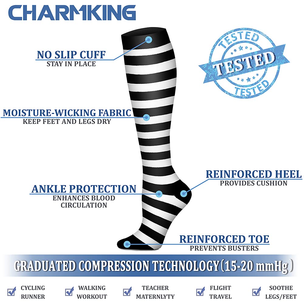 CHARMKING Compression Socks for Women & Men (8 Pairs) 15-20 mmHg Graduated Copper Support Socks are Best for Pregnant, Nurses - Boost Performance, Circulation, Knee High & Wide Calf (S/M, Multi 10)