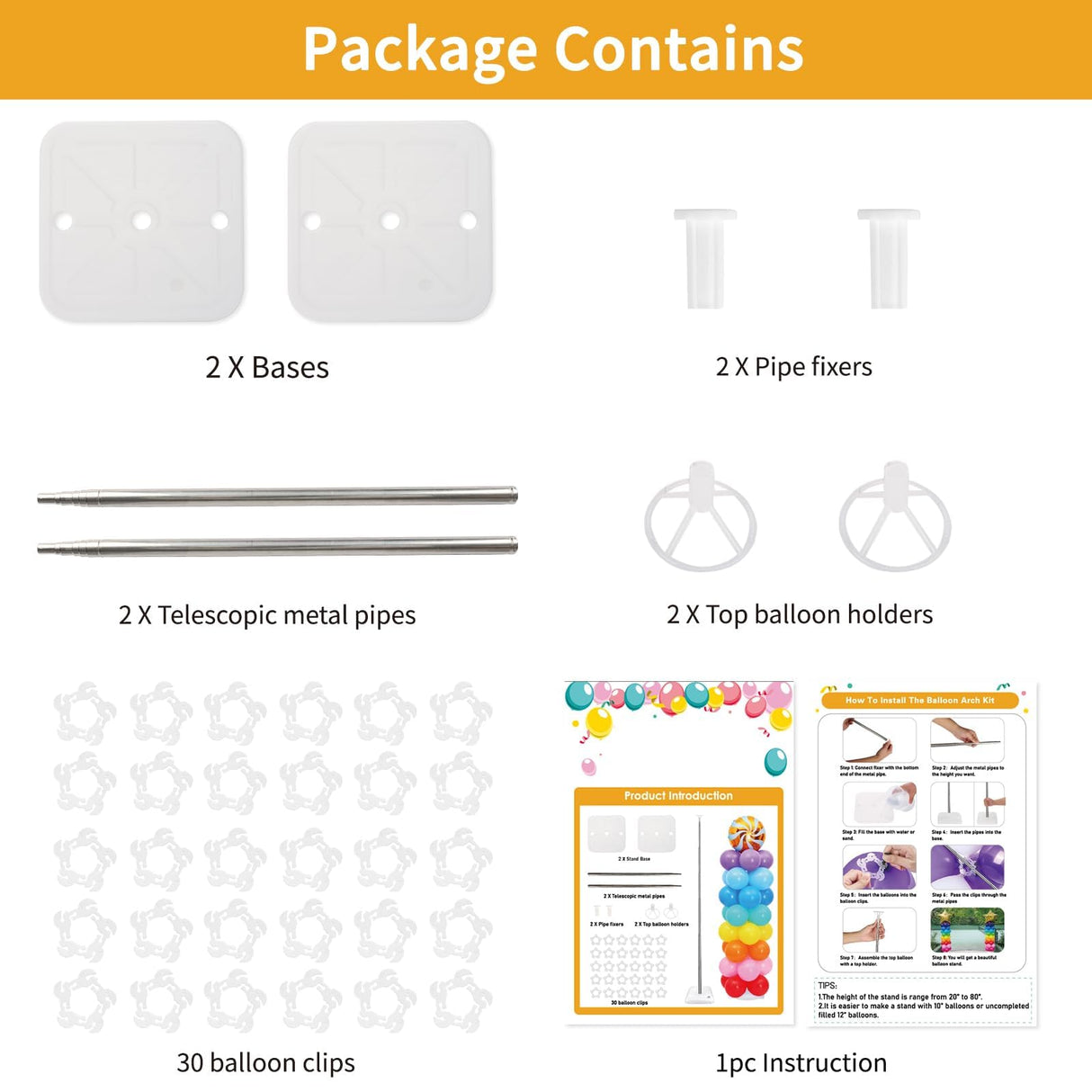 RUBFAC Balloon Column Stand Kit, Set of 2, 6.6ft Height Adjustable Column Kit, Metal Telescopic Pillar Balloon Stand, Birthday Party, Graduation, Wedding Christmas Decorations, White and Silver