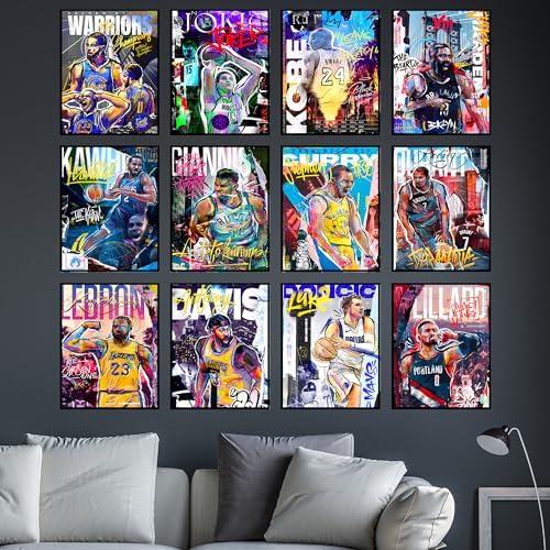 BigWig Prints Basketball Posters - Nba Posters, Basketball Room Decor, Nba Room Decor, Steph Curry, Kobe Bryant Wall Art, Kevin Durant, Lebron Wall Art, Warriors, Lakers - Unframed Set of 12 (8x10)