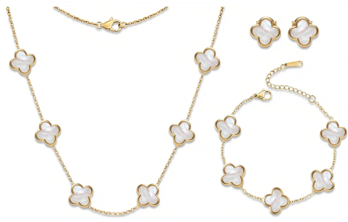SHINYY Four Leaf Clover Choker Necklace for Women | 18K Gold Plated Lucky 4 Leaf Jewelry | Trendy Gifts (Set, White Gold)