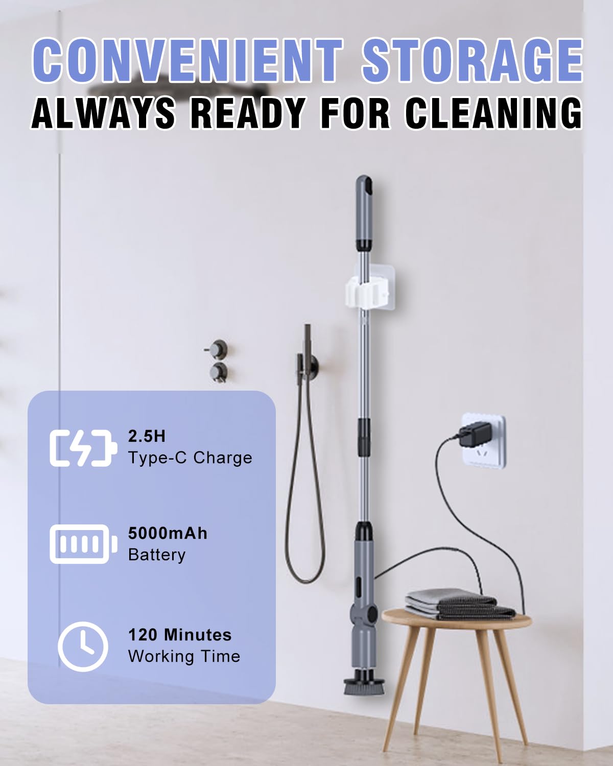 Electric Spin Scrubber, [IPX8 Waterproof ] [50KG Torque] Shower Scrubber with 9 Brush Heads, 2 Speed Mode, 4 Adjustable Angles, Electric Brush for Cleaning for Bathroom Floor Tile (Gray)