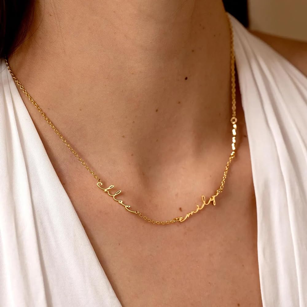 Xianofu Personalized Name Necklace with Curb Chain, 18K Gold Plated Handmade Custom Family Choker Customized Child Nameplate Necklace Mother's Day Jewelry Gift for Mom, Wife (3 Names Necklace)