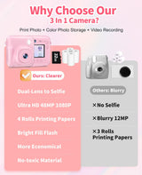 Digital Camera for Kids Instant Print, 48MP Dual-Lens Kids Camera for Girls Boys Christmas Birthday Gifts, 1080P Video Selfie Instant Cameras, Portable Toddler for 4-12 Years with 32GB Card-Pink