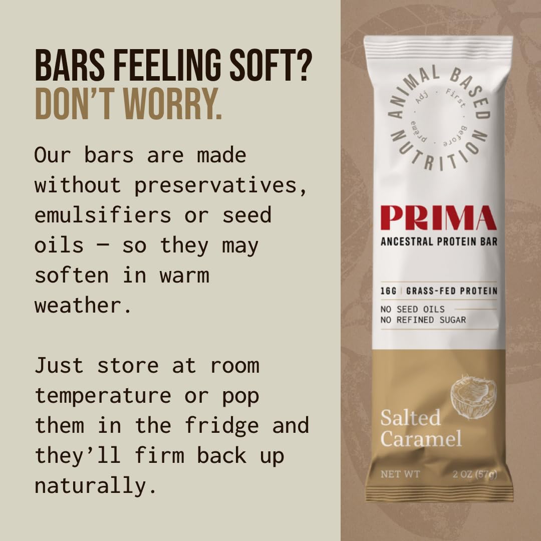 PRIMA ANCESTRAL PROTEIN BAR Grass Fed Protein Bars, 7 Pack – Animal-Based Protein Bar with Beef Tallow, Raw Honey, Seed Oil Free, Low Carb, Gluten-Free – Healthy, Energy Snacks for Clean Lifestyle (7 Pack, Salted Caramel)