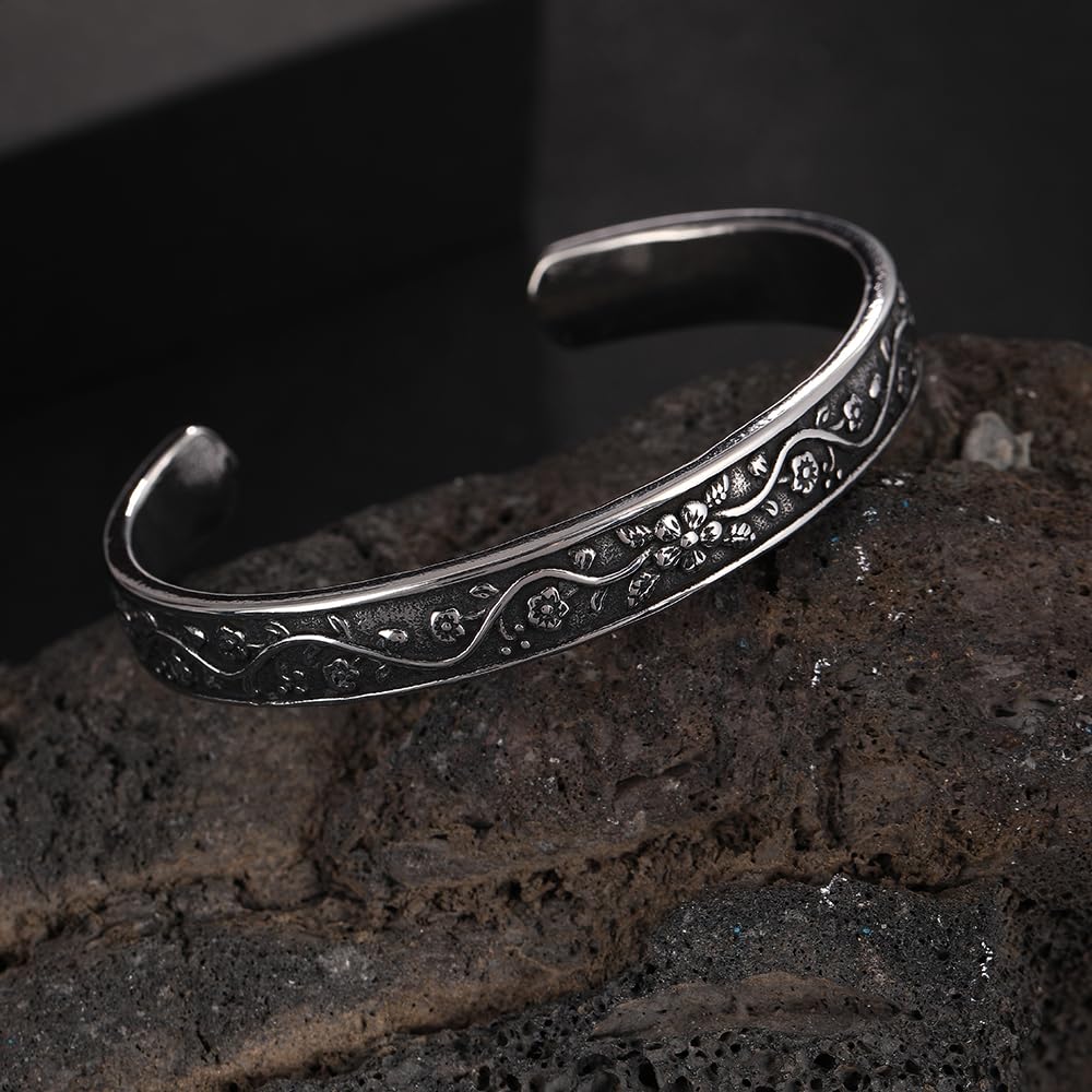 YWMAN Vintage Floral Cuff Bracelet, Stainless Steel Flower Bangle Bracelets for Women