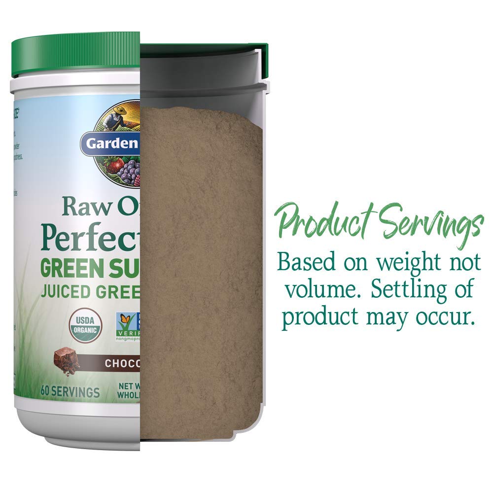 Garden of Life Raw Organic Perfect Food Green Superfood Juiced Greens Powder - Chocolate, 60 Servings, Non-GMO, Gluten Free, Vegan Whole Food Dietary Supplement, Plus Probiotics, Enzymes