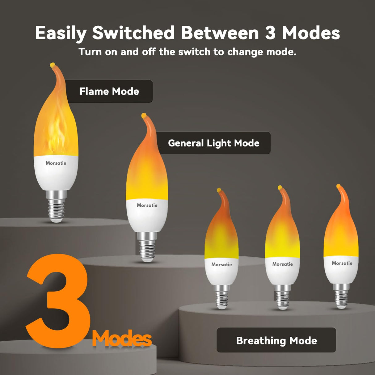 Morsatie Upgraded Flame LED Flame Light Bulbs, 3 Mode E12 Flickering Light Bulbs, Chandelier Base Candle Fire Light Bulb for Halloween Christmas Party Porch Patio Indoor Outdoor Decoration-6 Pack