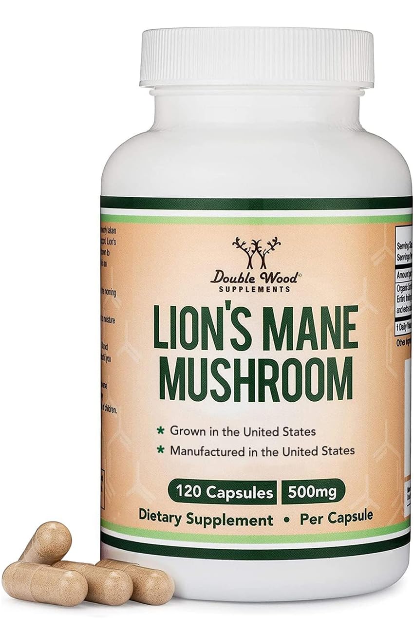 Lions Mane Supplement Mushroom Capsules (Two Month Supply - 120 Count) Lions Mane Mushroom for Brain Support and Immune Health (Third Party Tested, Grown and Encapsulated in The USA) by Double Wood