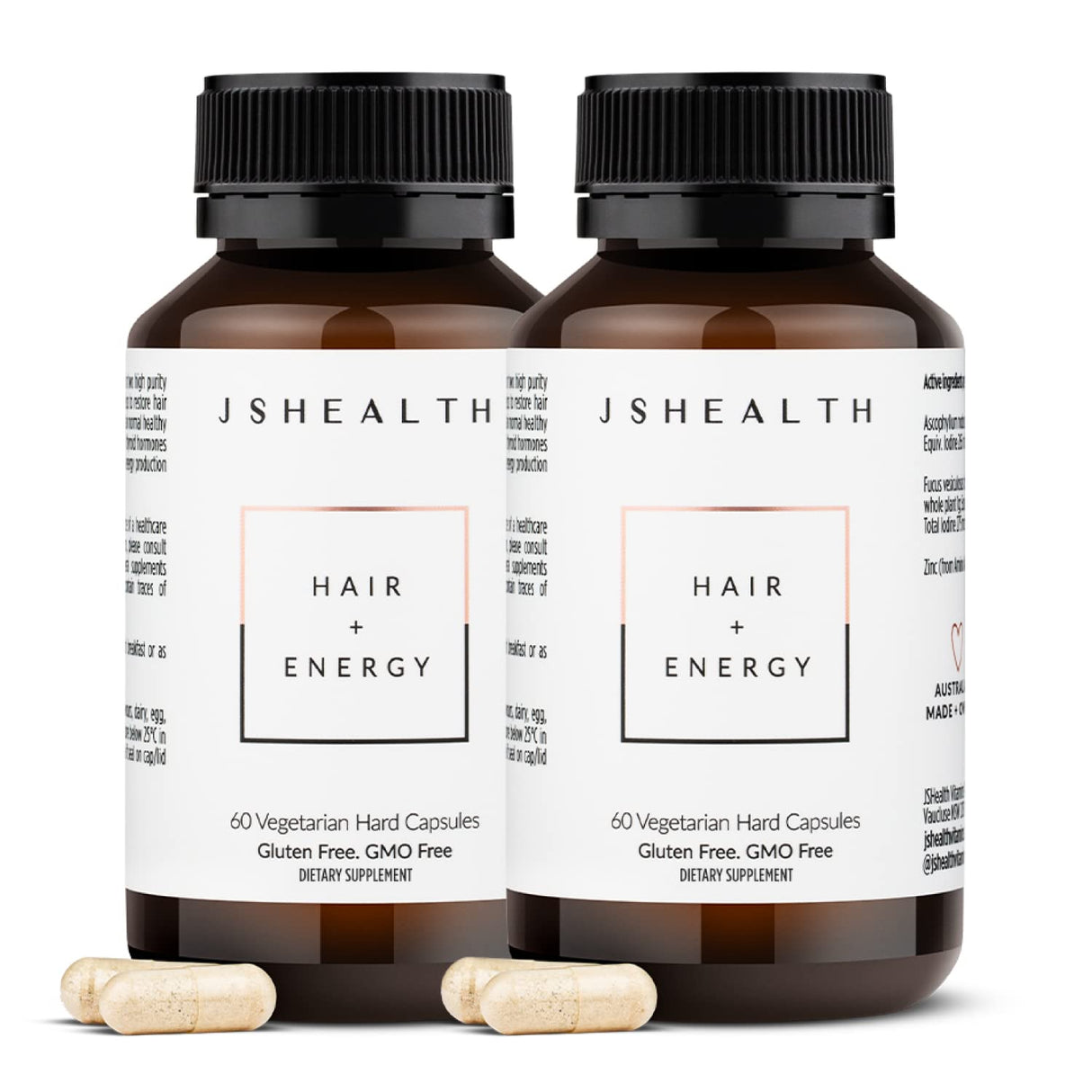 JSHealth Vitamins Hair + Energy Formula | Hair Vitamins for Women and Men with Iodine and Zinc | Supports Hair Strength, Energy Levels, and Healthy Hair Maintenance (60 Capsules Pack of 2)