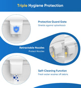 Ultra-Slim 3-in1 Bidet, Warm Water, Self-Cleaning, Posterior&Feminine Wash-(Retractable Dual Nozzles), Non-Electric Bidet Attachment for Toilet Seat, Adjustable Water Pressure, Stainless Steel Inlet