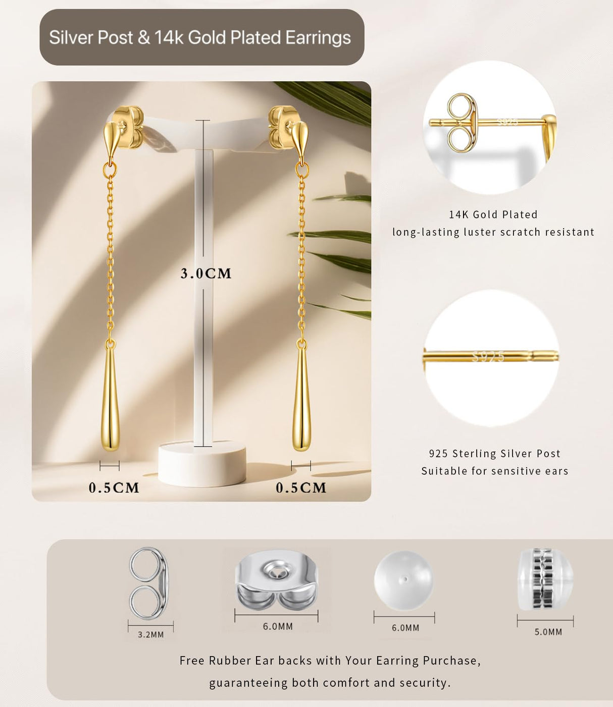 Raneecoco 14K Gold Plated Teardrop Dangle Earrings for Women Yellow