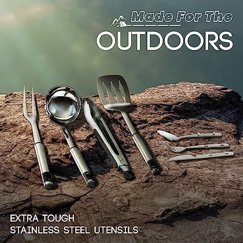 Camping Utensils Set, 21pcs Camp Cooking Kit with BBQ Tools, Knife Set & Spice Kit – Heat-Resistant Cutting Board, Dishwasher-Safe Cutlery for Outdoor, Hiking, Backpacking