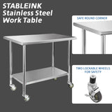 STABLEINK Stainless Steel Table with Wheels 24 x 36 Inches, NSF Commercial Prep & Workbench with Adjustable Undershelf and Casters, for Commercial Kitchen, Restaurant, Hotel, Laundry and Garage