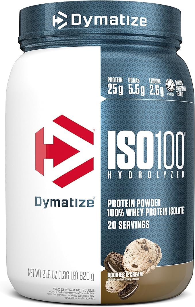 Dymatize ISO100 Whey Protein Powder Isolate, Cookies & Cream, 25g of Protein, 20 Servings, 5.5g BCAAs, Less Than 120 Cal., Gluten Free, 1g Fat, 1g Sugar, 2g Carb