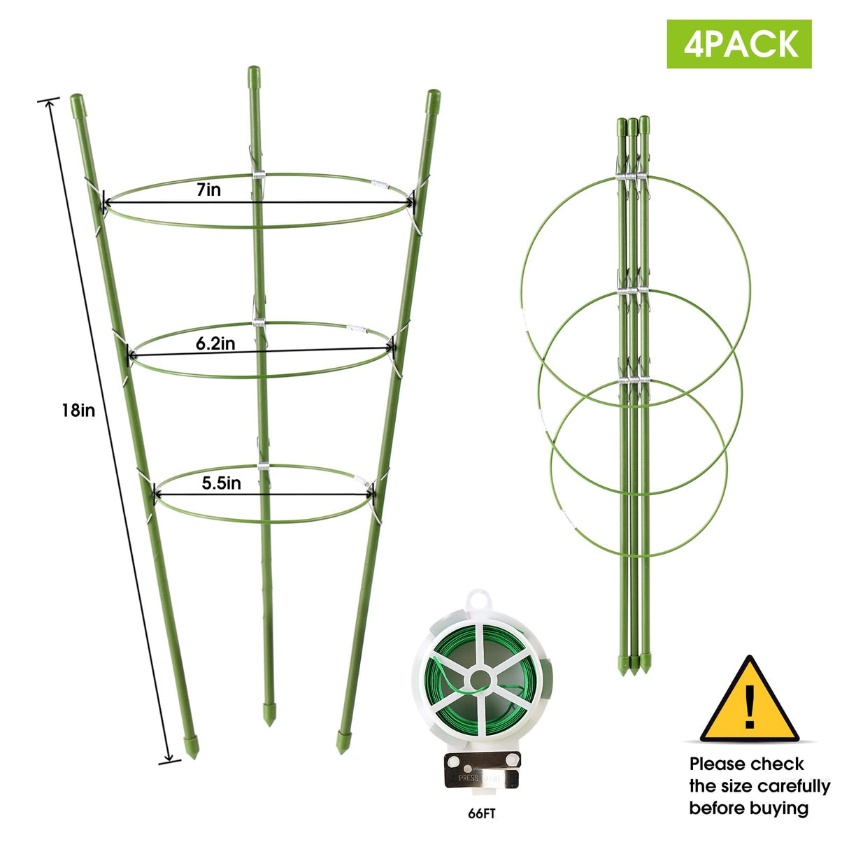 4 Pack Tomato Cage, 24 inches Plant Support Cages for Garden, Upgrade Garden Plant Stakes with Adjustable Rings, Plants Trellis for Tomato, Flower, Climbing Plants, with Twist Tie