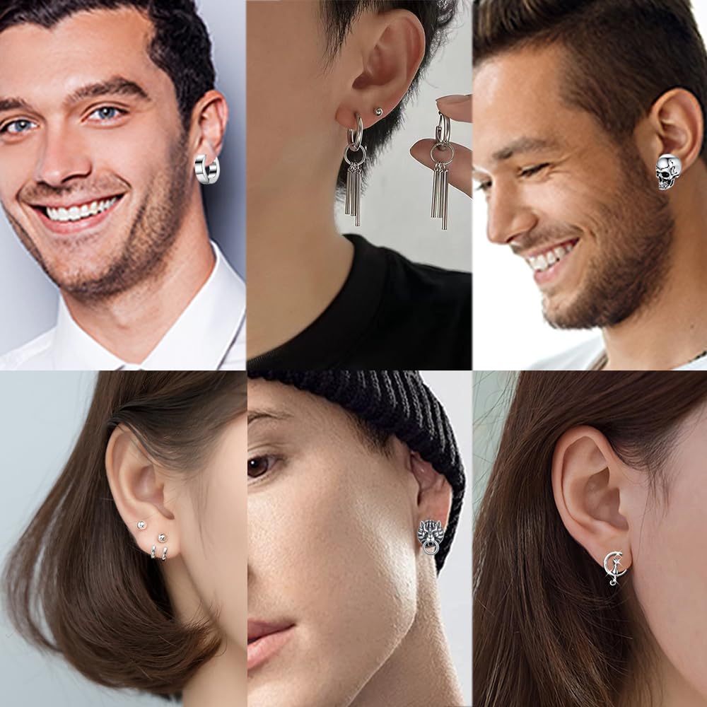 18 Pairs Stainless Steel Y2K Punk Hoop Dangle Earrings for Men, Frog Snake Spider Skull Heads etc Huggie Hoop Long Chain Piercing Hoop Earrings Set for Women and Men