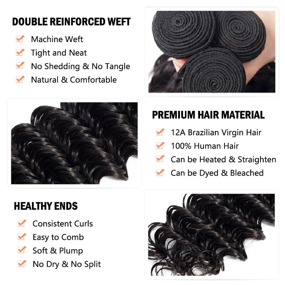 12A Deep Wave Human Hair Bundles 22 24 26 Inch Brazilian Deep Wave Curly Bundles Human Hair 100% Unprocessed Virgin Remy Wet and Wavy Hair Weave Natural Black