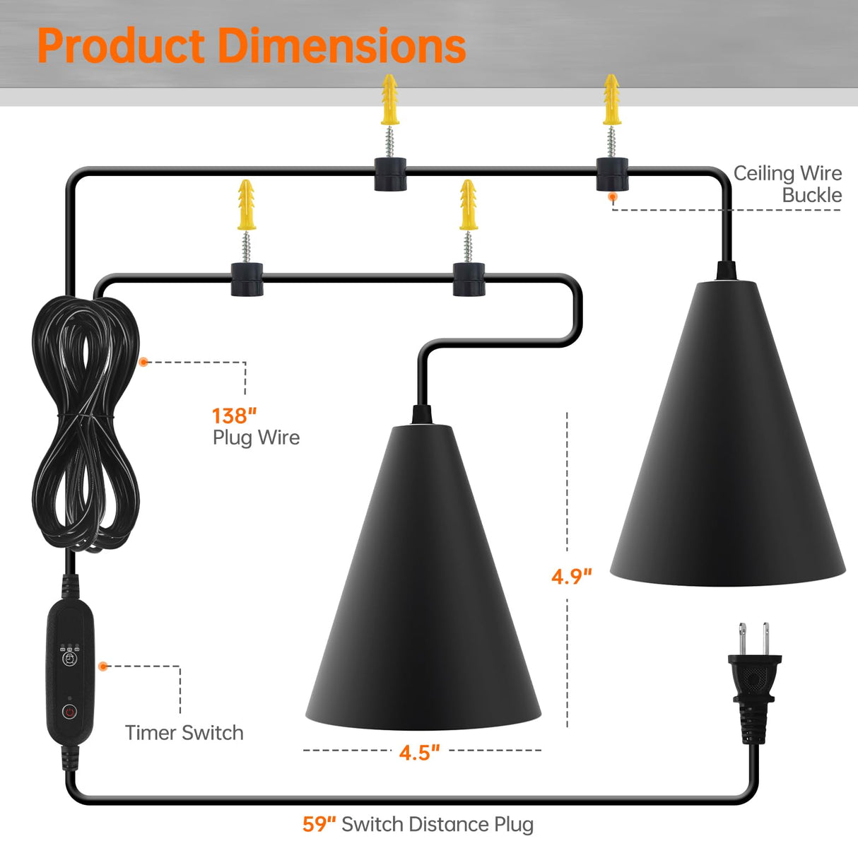 Bstrip 50W Double-Head One Cord Grow Lights for Indoor Plants full Spectrum 3000K, Black LED Grow Light Bulb with Timer & 16.4FT Power Cord, Perfect for Tall Plants, Flowers, and Greenhouses in Winter