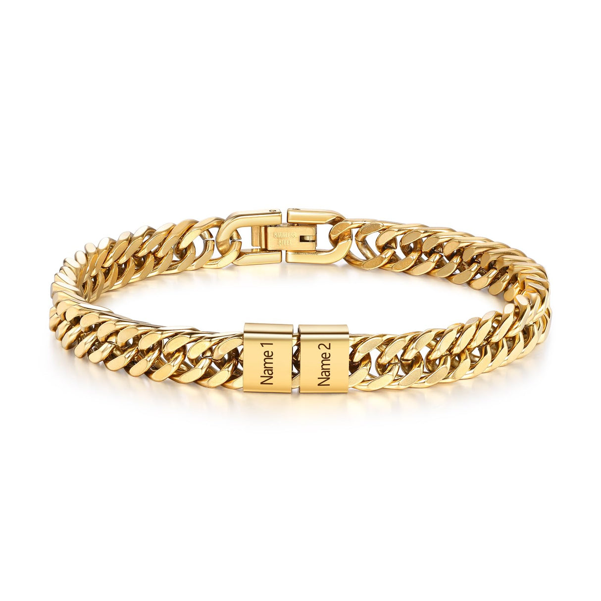 Personalized Cuban Link Bracelet for Men – Stainless Steel Custom Bracelet with Engraved Names Mens Bracelet Gifts for Birthday Anniversary Father’s Day Christmas (Gold-2 Names)