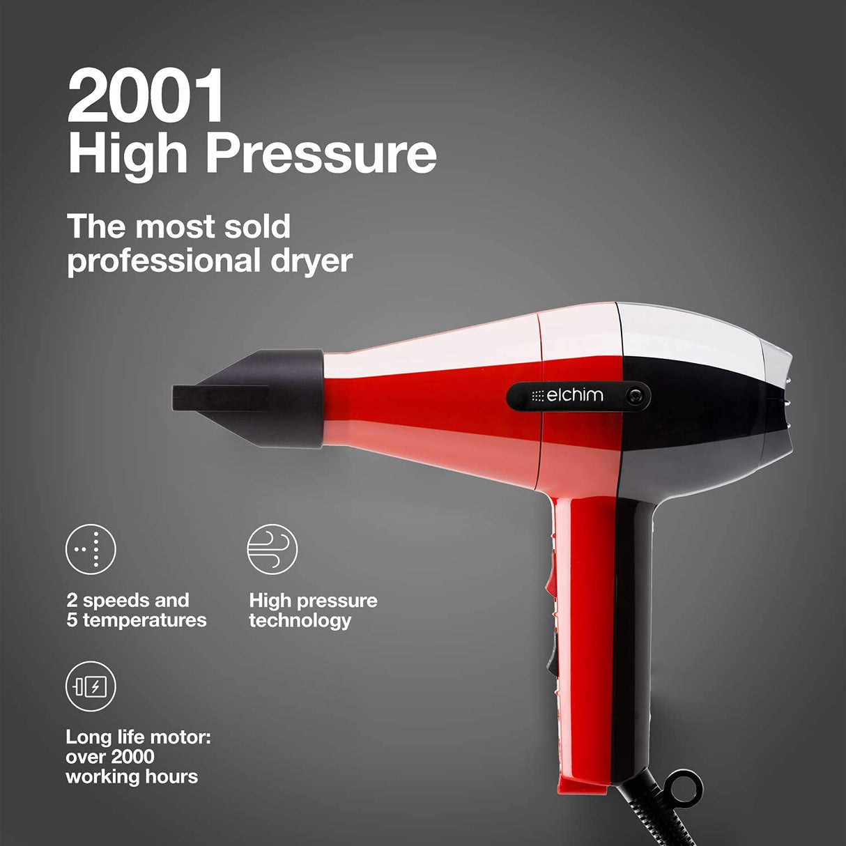 ELCHIM 2001 High Pressure Professional Hair Dryer - Red/Black , 1 Count (Pack of 1)