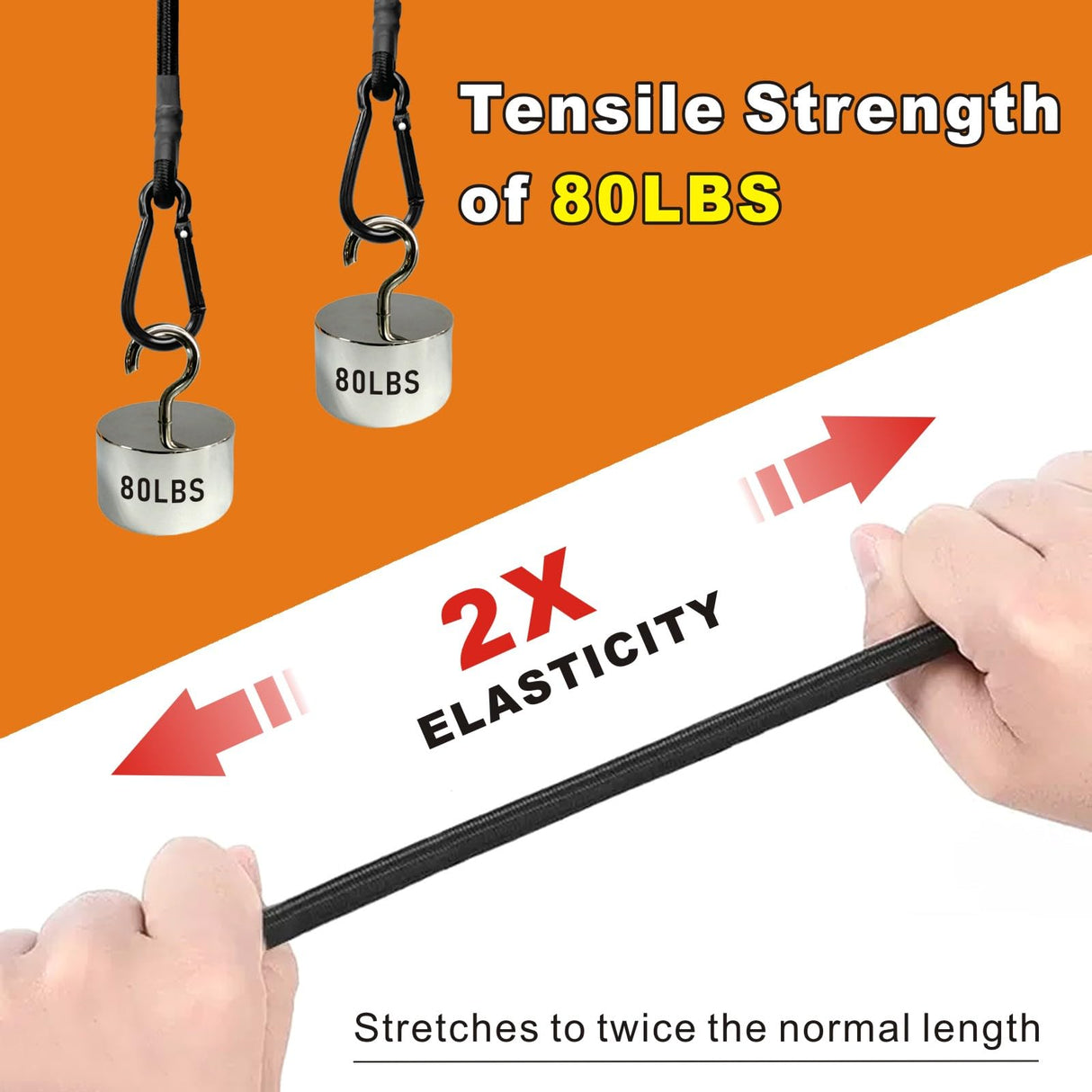 BEXSLE Bungee Cords with Carabiner Hooks Heavy Duty, Outdoor Black Bungee Straps, Strong Industrial Grade Elastic Bungee Rope for Securing Tarps, Luggage, Tents，Bikes, 12in + 24in + 48in，8pcs