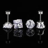 6 Pairs Screw Back Titanium Surgical Stainless Steel Round Square Princess Cut CZ Earrings For Women Men Hypoallergenic Cubic Zirconia Earrings (White Gold Plated)