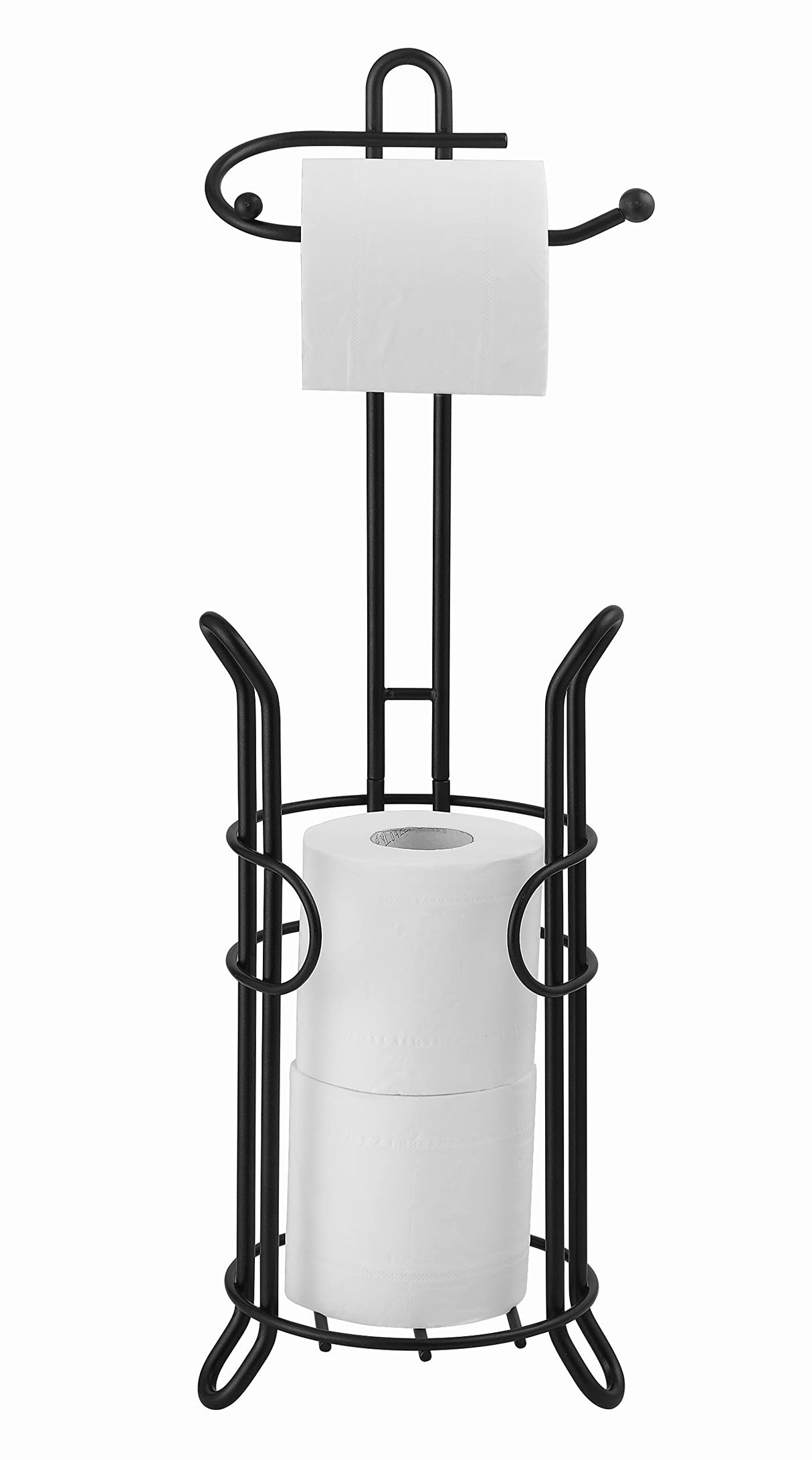 SunnyPoint Freestanding Toilet Paper Holder with Storage – Holds 3 Spare Rolls, Heavy-Duty Steel, Black Finish, Easy Assembly, Space-Saving Bathroom Organizer