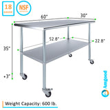 AmGood 30 in. x 60 in. Stainless Steel Work Table with Wheels | Metal Kitchen Food Prep Table | NSF