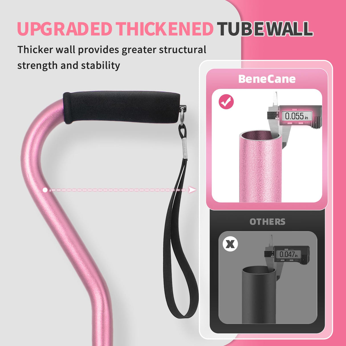 BeneCane Quad Cane Adjustable Walking Cane with Offset Soft Cushioned Handle for Men & Women Lightweight Comfortable with 4-Pronged feet for Extra Stability(Pink)