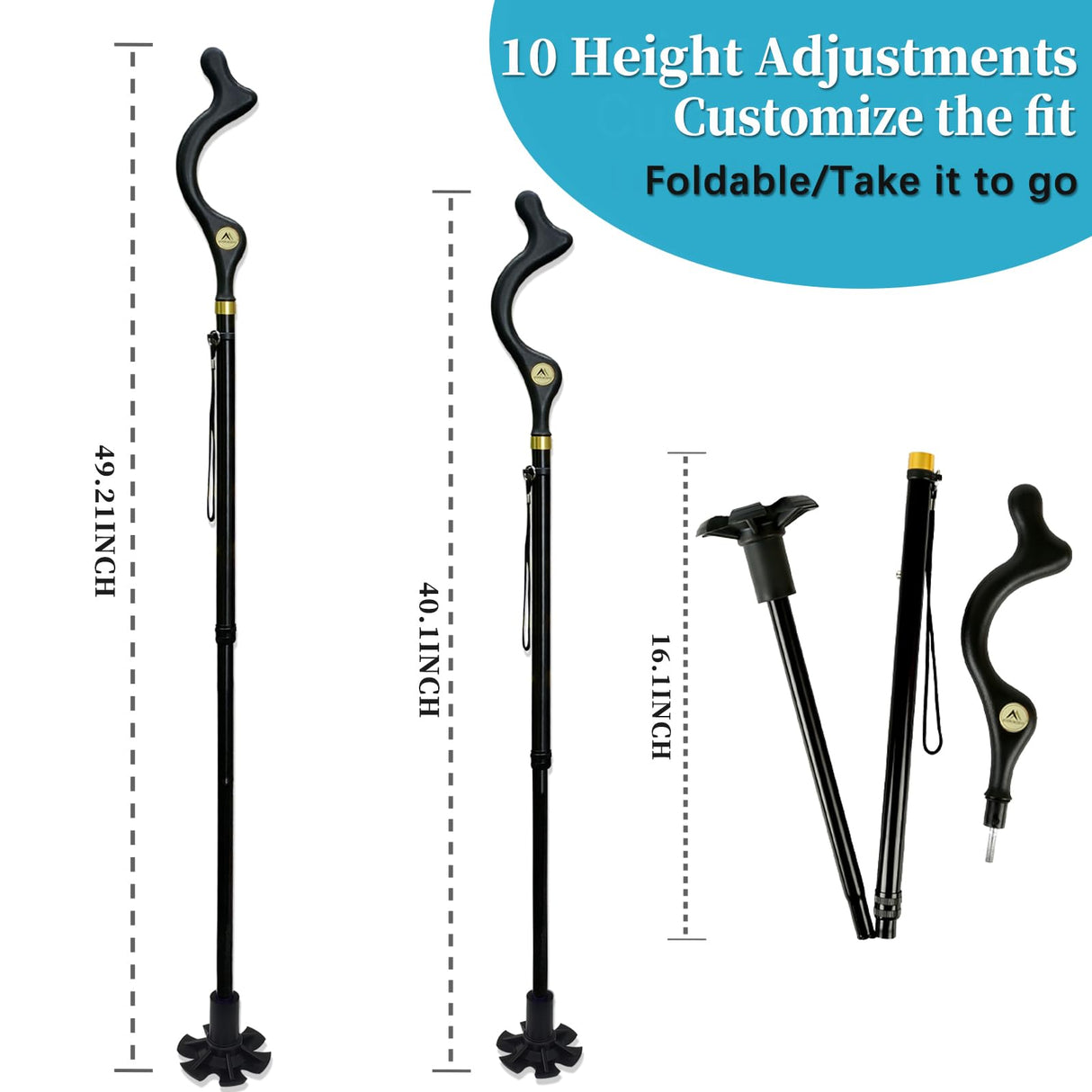 Honmido Walking Cane Foldable for Men & Women Seniors for Balance,Self Standing Folding Cane,Height Adjustable Anti-Slip Lightweight Alloy Walking Stick Collapsable for Travel Mobility Aid (Black)