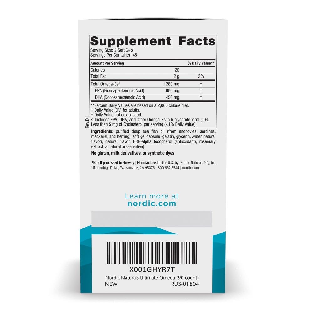 Nordic Naturals Ultimate Omega, Lemon Flavor - 90 Soft Gels - 1280 mg Omega-3 - High-Potency Omega-3 Fish Oil Supplement with EPA & DHA - Promotes Brain & Heart Health - Non-GMO - 45 Servings